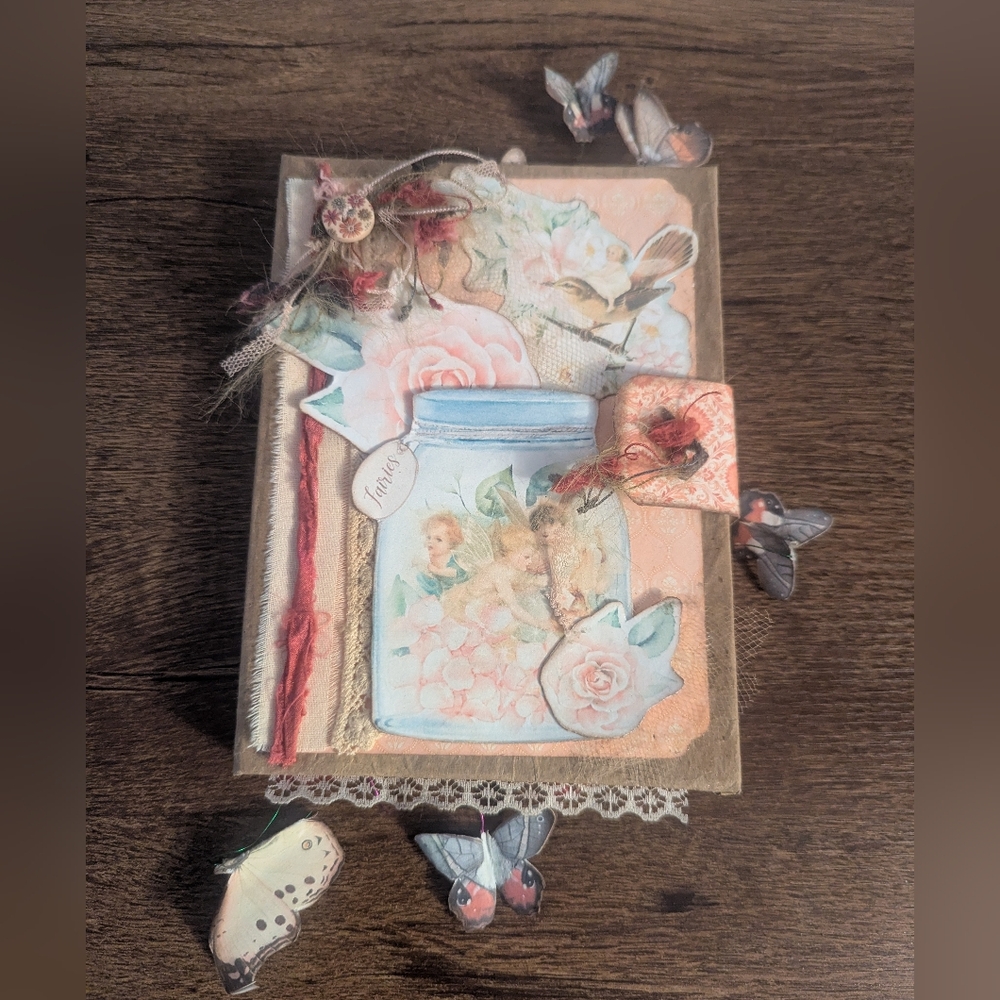 Butterfly Rustic Junk Journal- Handmade- Recycled Materials- Pink/Cream-Spring